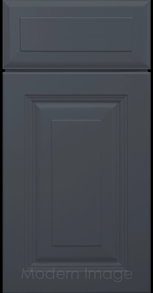 Durango raised panel cabinet door in a Sea matte featuring a stepped molded frame.